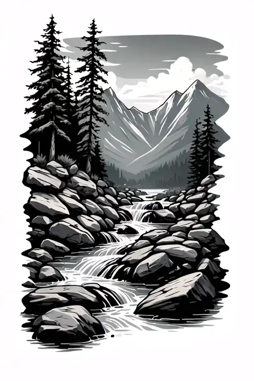 mountain stream wiith boulders tattoo design idea