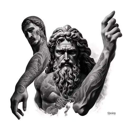 Greek gods with mount olympus and underworld full arm sleeve tattoo design idea