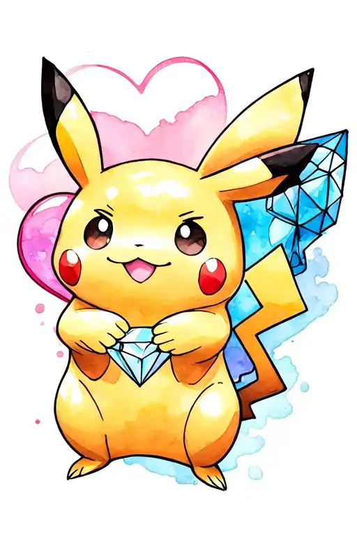 Create a tattoo of a diamond heart with Pikachu holding on to it on the right hand side and mew hold on to it on the lef tattoo design idea