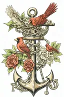 july birth flower flowing out of an anchor with cardinals sitting on a branch  tattoo design idea