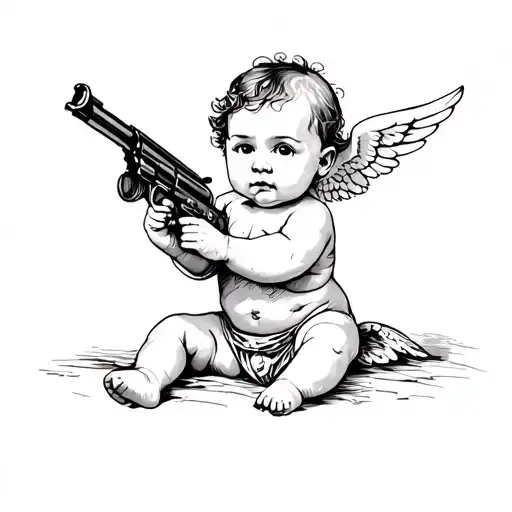baby cupid holding a gun tattoo design idea