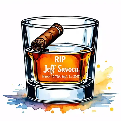 I WANT A whiskey glass with engraved RIP Jeff Savoca March 10th 1974-Sept 8th 2025 with a cigar in an ashtray tattoo design idea