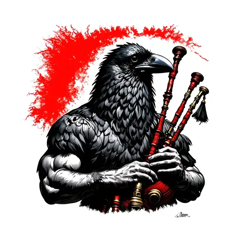  crow muscular with mans face bagpiper playing the black bagpipes baldblack beard tattoo design idea