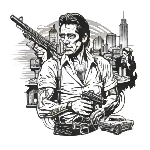 al pacino mafia theme with city in the background black tattoo design idea