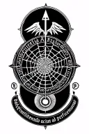 web of wyrd inside vegvisir symbol surrounded by the phrase patientia ad accipiendum, fortitudo ad perficiendum tattoo design idea
