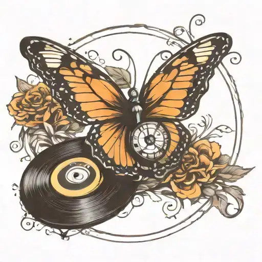vinyl record with butterfly landing on record  tattoo design idea