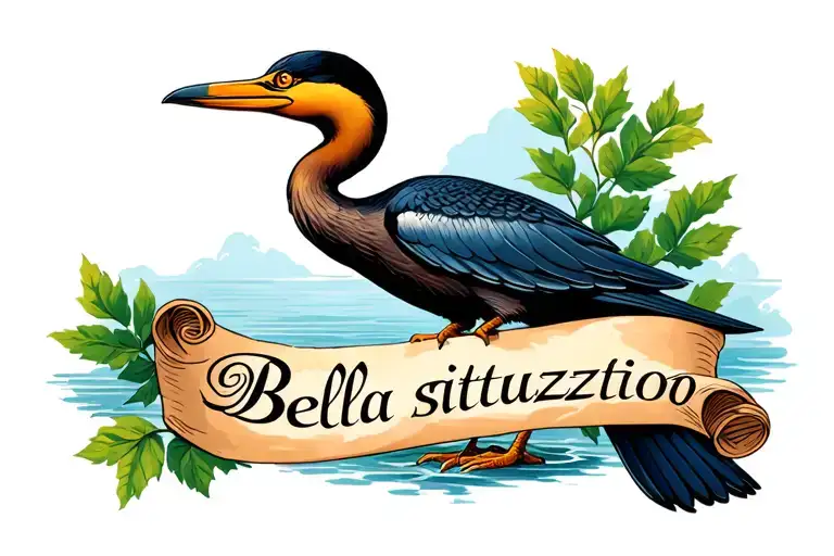 cormorant with parchment scroll written "bella situazione" tattoo design idea