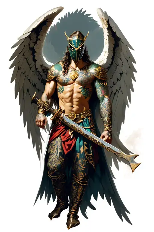 elegant demigod angel warrior with wings  weilding a weapon and mask that shows eyes tattoo design idea