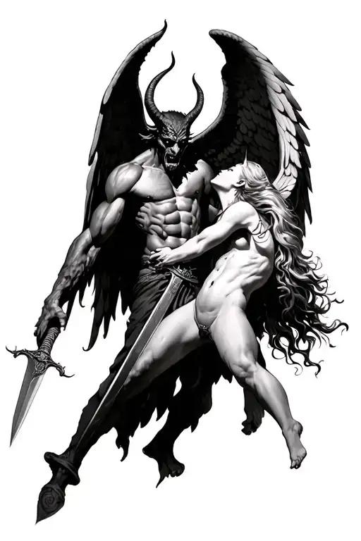 devil striking down an angel with a sword tattoo design idea