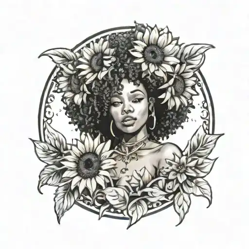 sunflower, sexy Afro centric black girl, big boobs, petite, thick thighs, seductive smile  tattoo design idea