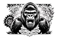 gaint above with knee quad tattoo, with unique design like mcgregor chest tattoo, which is a crazy unique gorilla head tattoo design idea