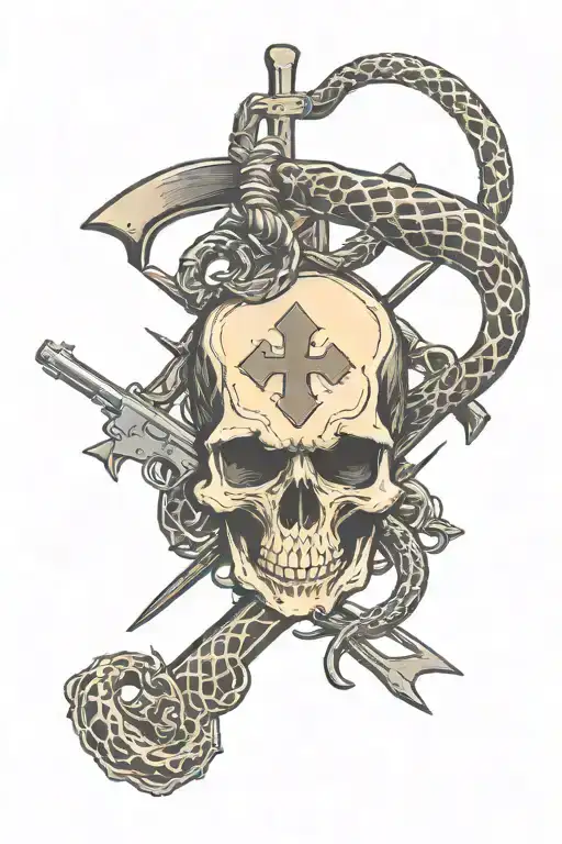 Skull,snake,gun,tomahwk,barb wire cross surrounded tattoo design idea