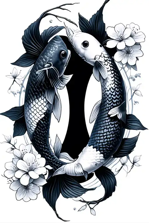 two detailed koi fish swimming in circle with cherry blossoms floating no shading except flowers a little tattoo design idea