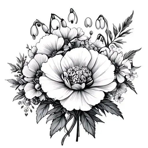Carnation, violet, snowdrops, and primrose bouquet tattoo design idea