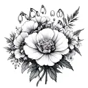 Carnation, violet, snowdrops, and primrose bouquet tattoo design idea