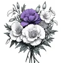 Carnation, violet, snowdrops, and primrose bouquet tattoo design idea