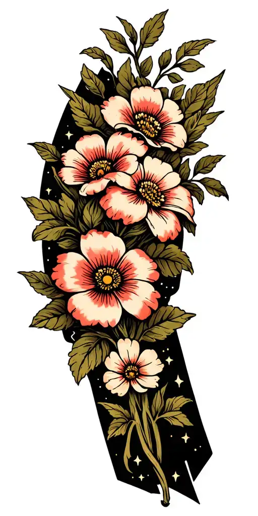 small sailor Jerry flowers surrounded by big black negative spaces embellished with micro twinkles and crosses  tattoo design idea