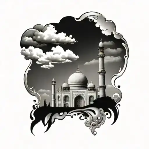Mom name on left arm with clouds and the taj mahal and add little details tattoo design idea