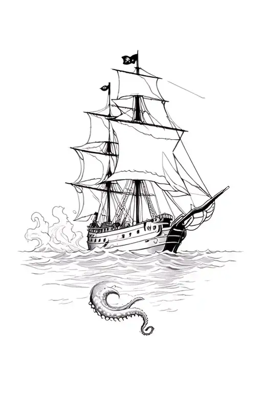 pirate ship and kraken attacking ship tattoo design idea