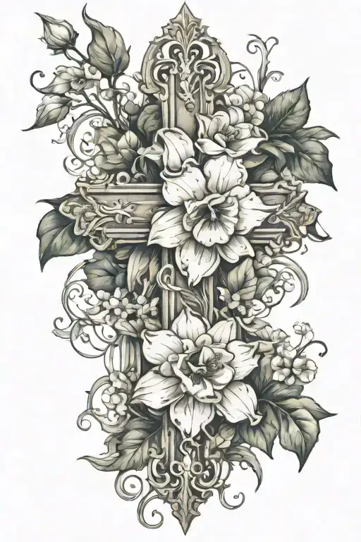 cross with narcissus flower cosmo flower pansy flower waterlily flower  rose flower with ivy vines tattoo design idea