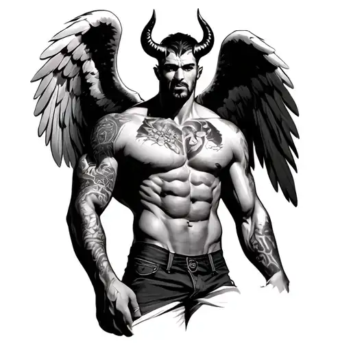 muscled man with angel eings devil horns and a tattooed body tattoo design idea