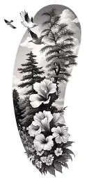 pine trees, hibiscus flowers,clouds, doves, , wildflowers tattoo design idea