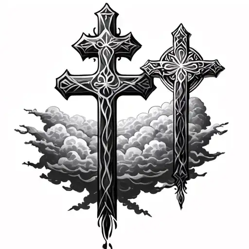 3 staggered crosses with clouds at the bottom part tattoo design idea