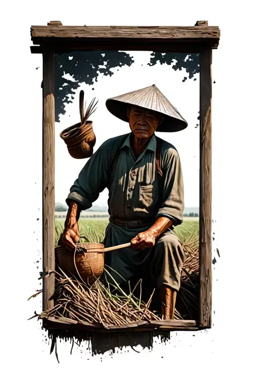 "Maybe so…" "Maybe so…" old Chinese farmer working in the field with his face hidden by his hat tattoo design idea