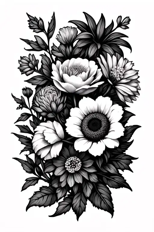 Flowers:Acacia, Alstroemeria, Allium, Bells of Ireland, Camellia, Bluebell, Forget-me-not, Iris, Vinca, and Sunflower tattoo design idea