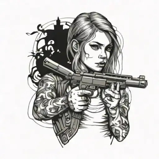girl holding pistol tattoo design idea