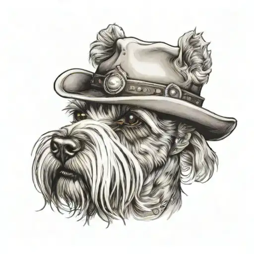 salt and pepper schnauzer with cowboy hat and brown eyes and a collar looking to the side tattoo design idea