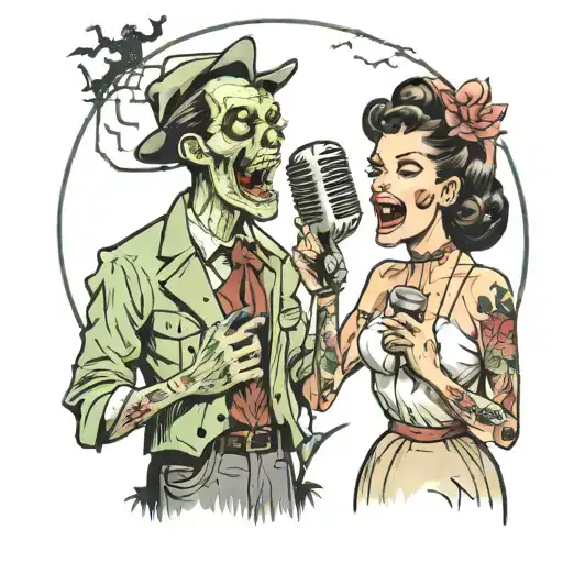 pin up zombie couple singing into a vintage microphone in a graveyard at night tattoo design idea