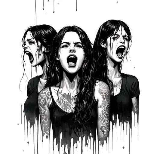 3 heads of girls from one body, 2 girls on the sides scream very terribly with streaks of tears, the girl in the middle is calm tattoo design idea