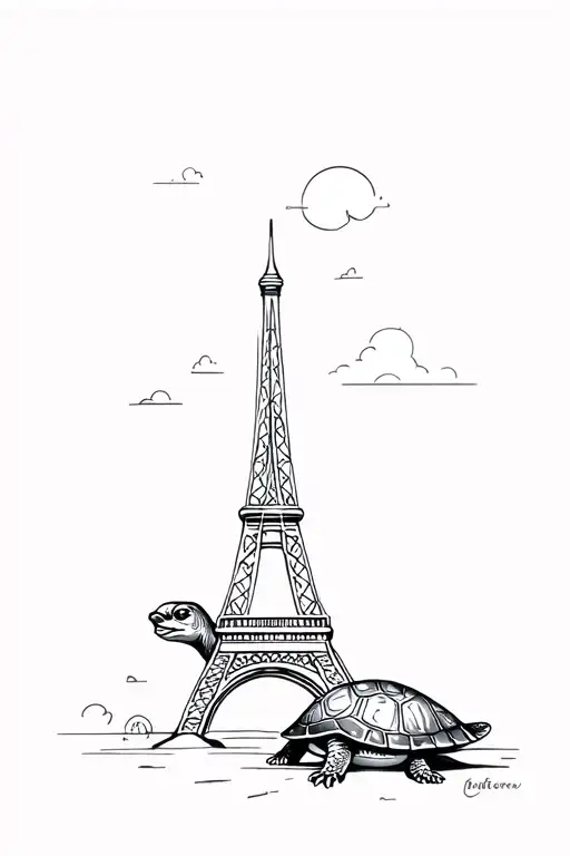 turtle and Eiffel tower emerging tattoo design idea