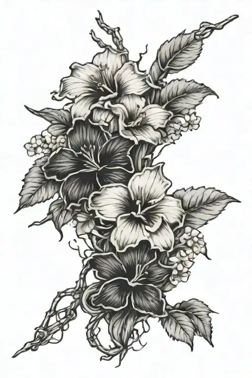 barb wire wrapped driftwood with hibiscus and orchids blooming from it tattoo design idea