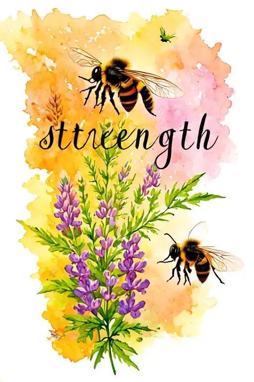 "Strength" Lupine, fireweed, honeysuckle bees flying tattoo design idea