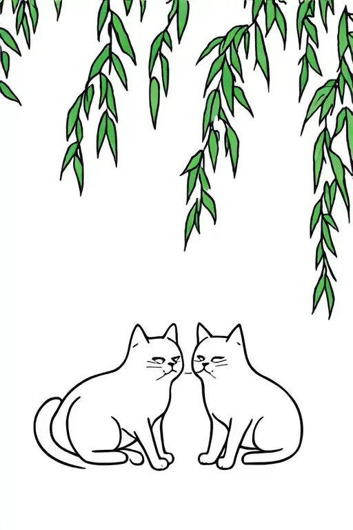 outline of two cats sitting together with weeping willows in the lines tattoo design idea