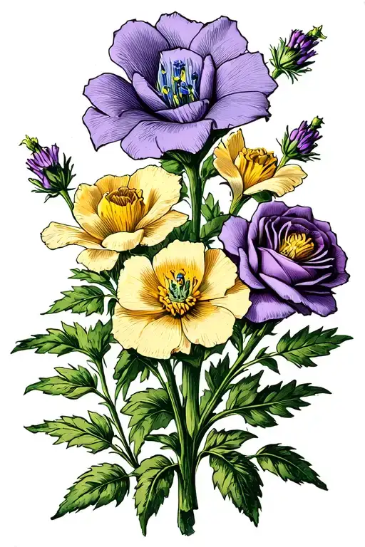 Prairie gentian, buttercup, 4 roses, and Myrtle  flowers tattoo design idea