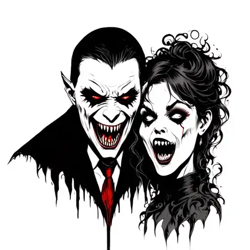 vampire a male and female horror scene with teeth out killing  tattoo design idea