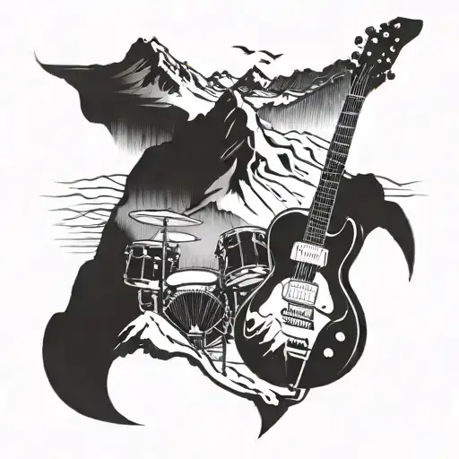 Incorporate a guitar and drum set into a mountain landscape, representing your love for music and the mountains tattoo design idea