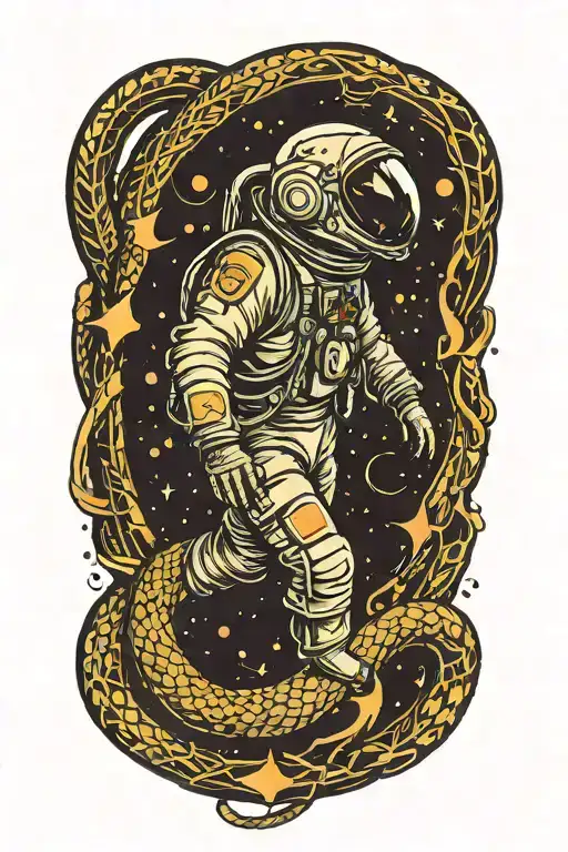 Cosmonaut walking on a glowing path inside a serpent forming a circle, with the serpent changing from dark to light tattoo design idea