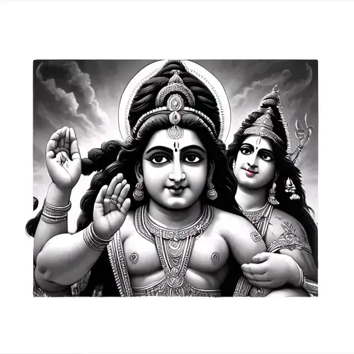 Krishna in Virat Roop Preaching Bhagavat Geeta to Arjuna and Hanuman tattoo design idea