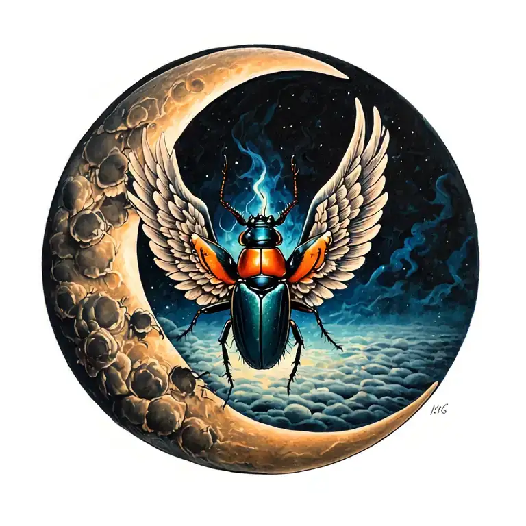 winged beetle, you're a funeral pyre crescent moon tattoo design idea