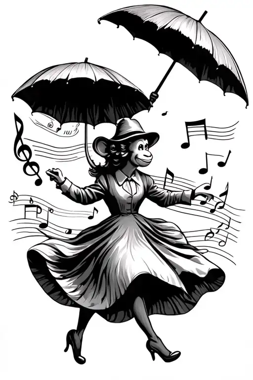mary poppins flying with her umbrella with a e doctor face wearing monkey d luffys straw hat and musical notes coming ou tattoo design idea