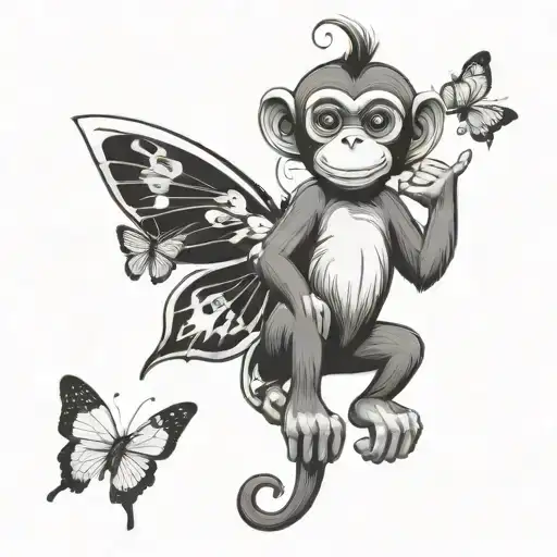 cartoon monkey and white butterflies surrounding tattoo design idea