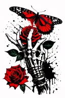 butterfly resting on rose, rose being held by skeleton hand, wrapped in barbed wire tattoo design idea