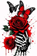 butterfly resting on rose, rose being held by skeleton hand, wrapped in barbed wire tattoo design idea