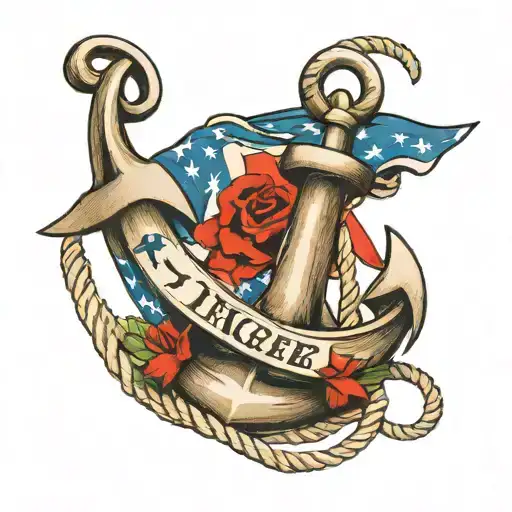 Anchor with wrapped rope, and thre flags coming off the rope  tattoo design idea