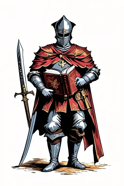 cod,book,knight holding sword tattoo design idea