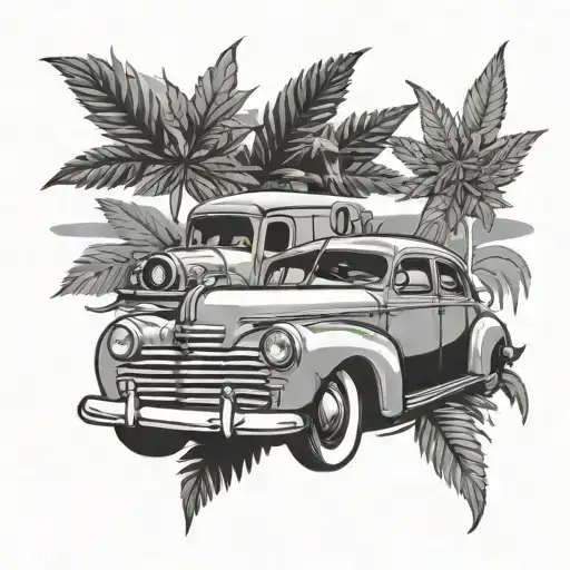 cannabis and old school cars tattoo design idea